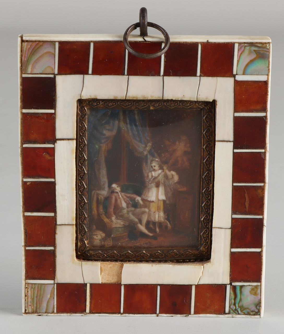 Miniatuur schilderij, omstreeks 19e Twee figuren in Louis Seize interieur met Amor