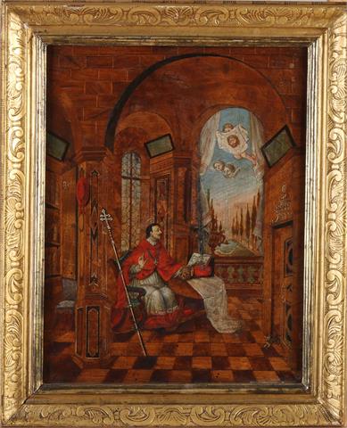 Zeldzaam 16e eeuws schilderij, Heilig figuur met aureool en engelen